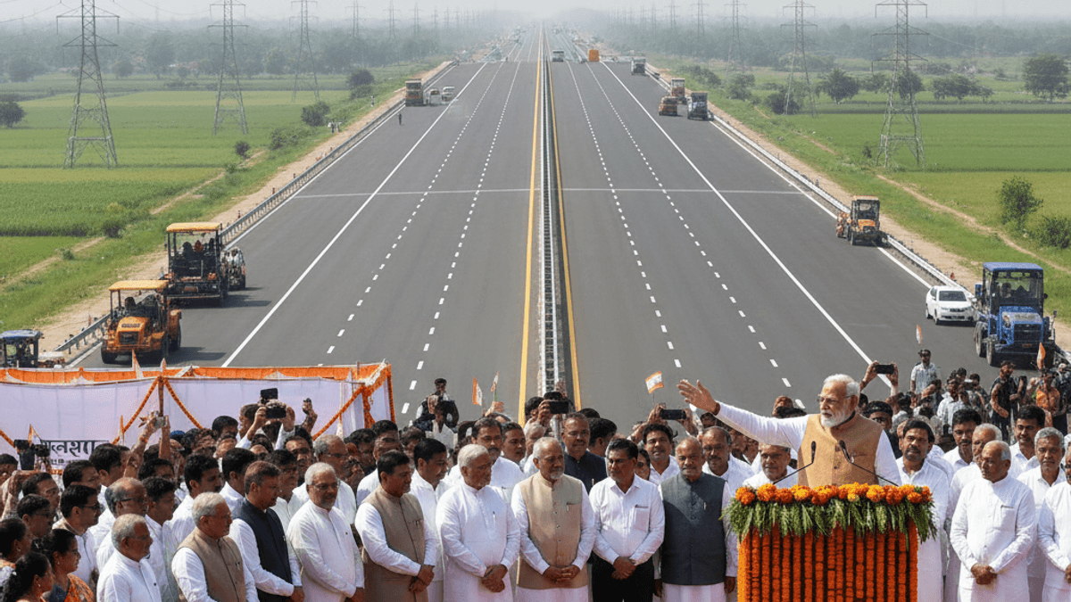Prime Minister Narendra Modi speaks at a podium adorned with marigolds, with a wide, empty new expressway stretching behind him.