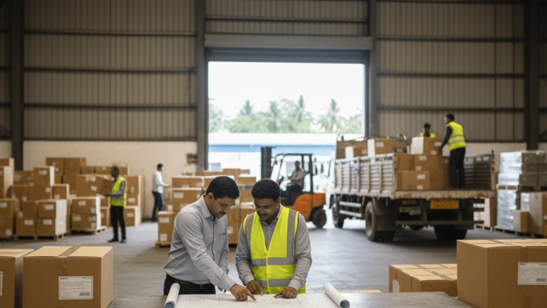 Two men, one in a shirt and tie, the other in a safety vest, examining blueprints on a table in a large warehouse.