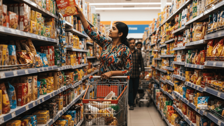 A woman reaches for a product on a shelf in a brightly lit supermarket aisle in India, with a shopping cart beside her.