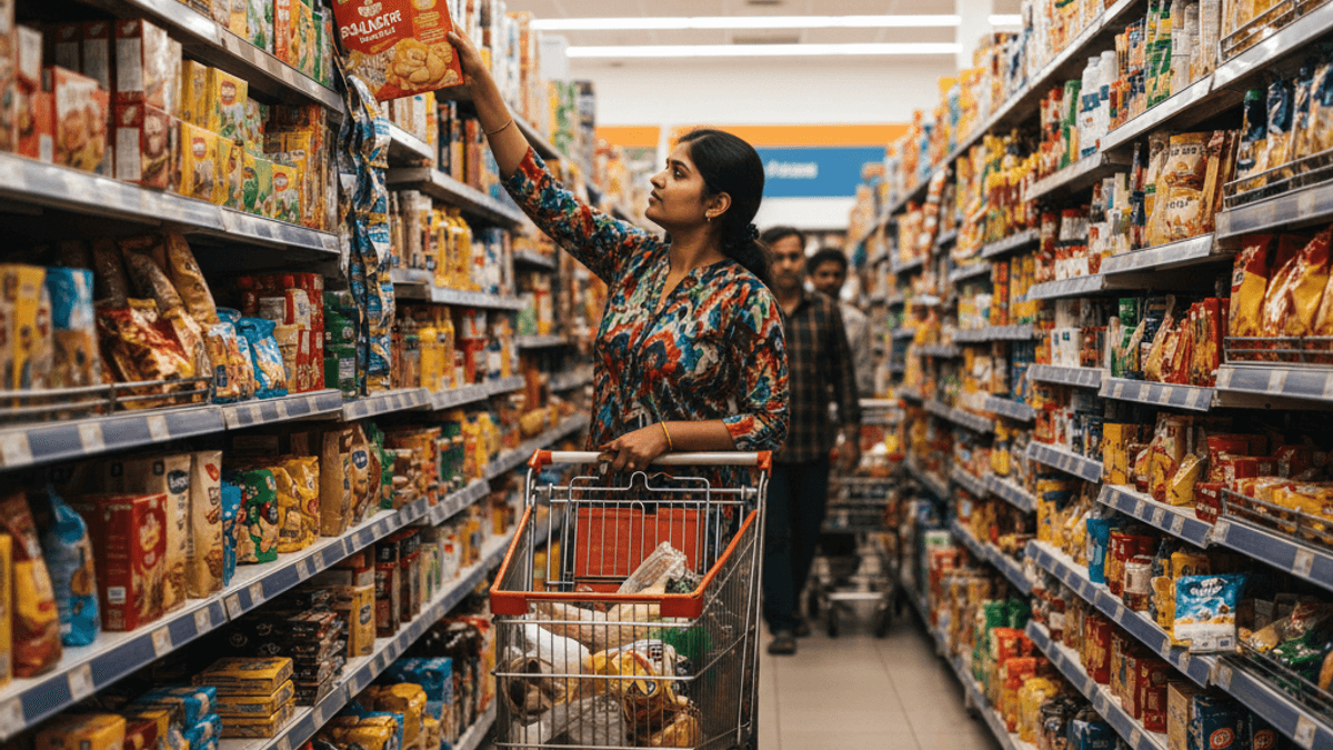 A woman reaches for a product on a shelf in a brightly lit supermarket aisle in India, with a shopping cart beside her.