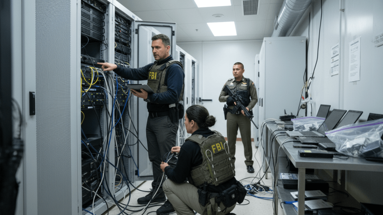 Three law enforcement officers, two with FBI vests, work in a server room, one with a tablet, another kneeling by cables, and a third standing watch.