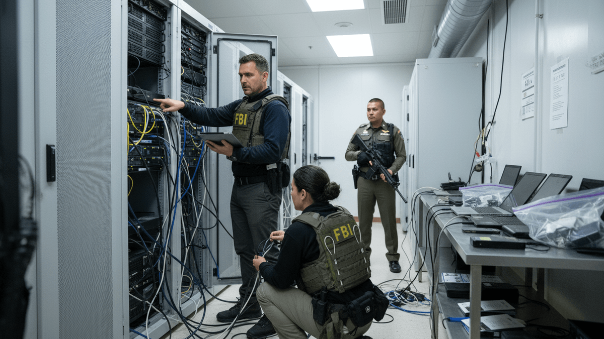 Three law enforcement officers, two with FBI vests, work in a server room, one with a tablet, another kneeling by cables, and a third standing watch.