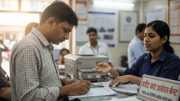 A man in a plaid shirt fills out a form at a bank counter, while a female bank employee speaks to him.