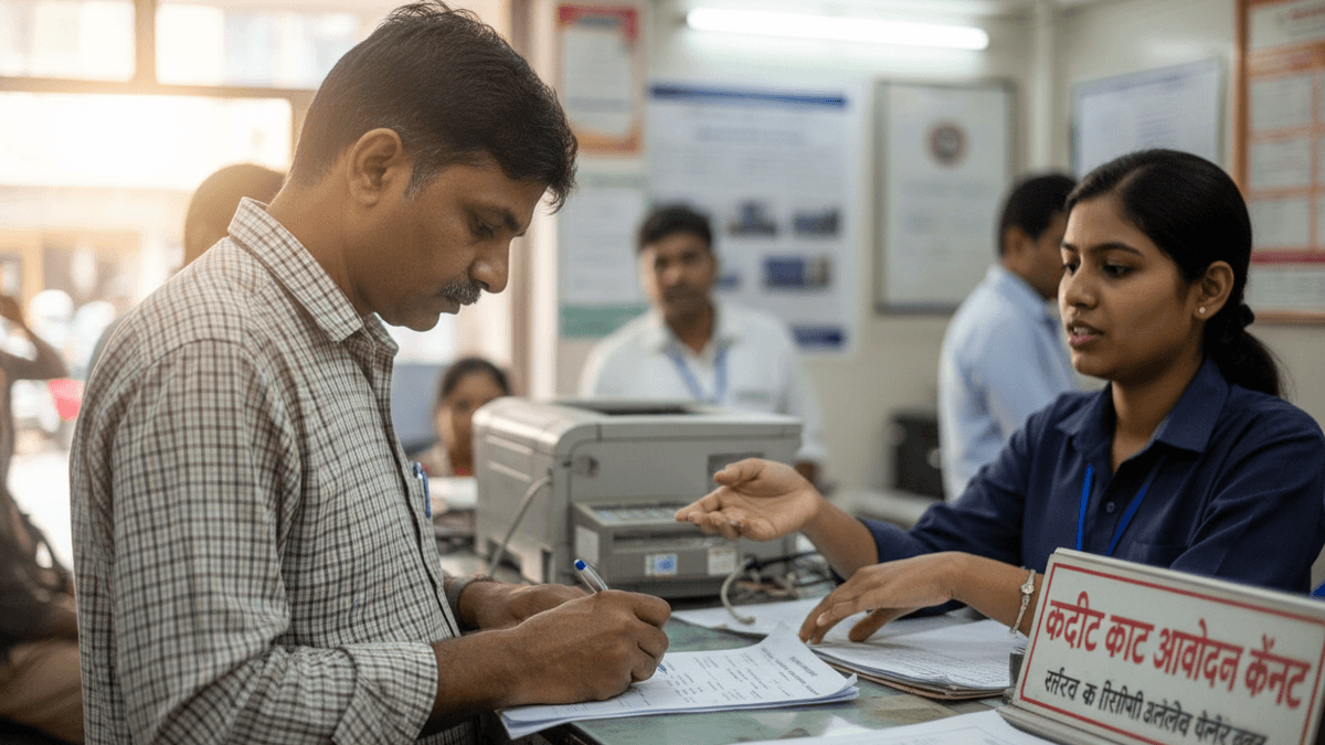 A man in a plaid shirt fills out a form at a bank counter, while a female bank employee speaks to him.
