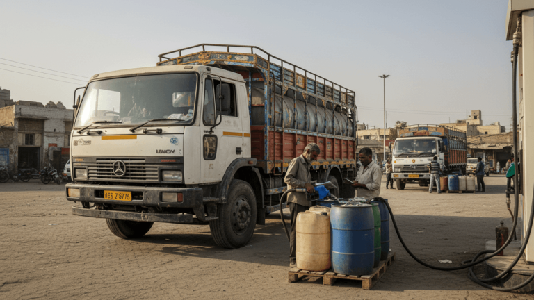 Two men in traditional attire filling large blue and yellow barrels with diesel from a pump next to a large truck.
