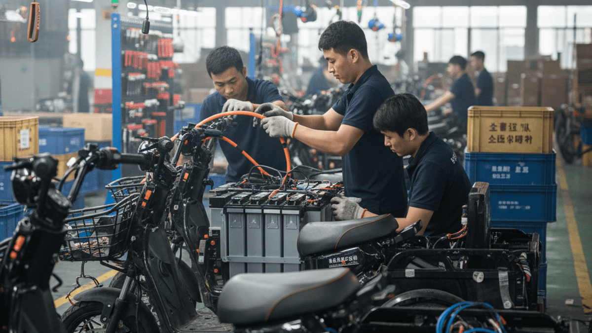 Three factory workers in an industrial setting are actively assembling batteries into electric two- and three-wheeler vehicles.