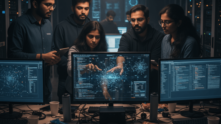 A group of five cybersecurity professionals intensely focused on multiple computer screens displaying intricate data networks and code.