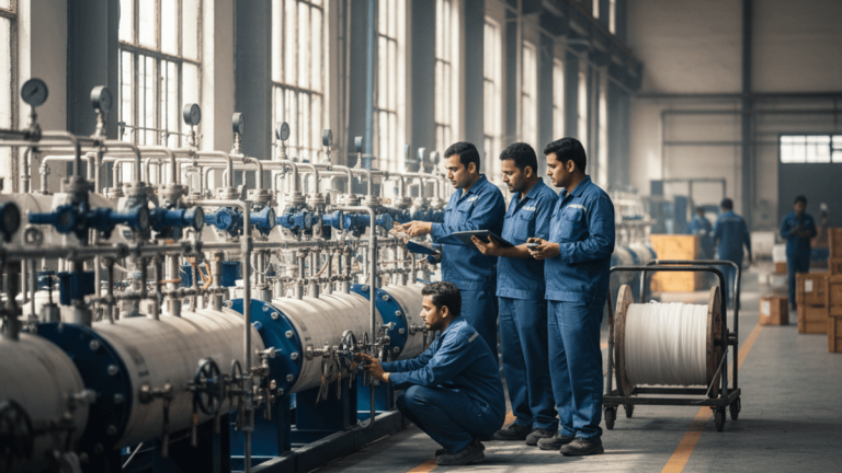 Four engineers in blue uniforms work on large industrial membrane filtration units on a factory floor in India.