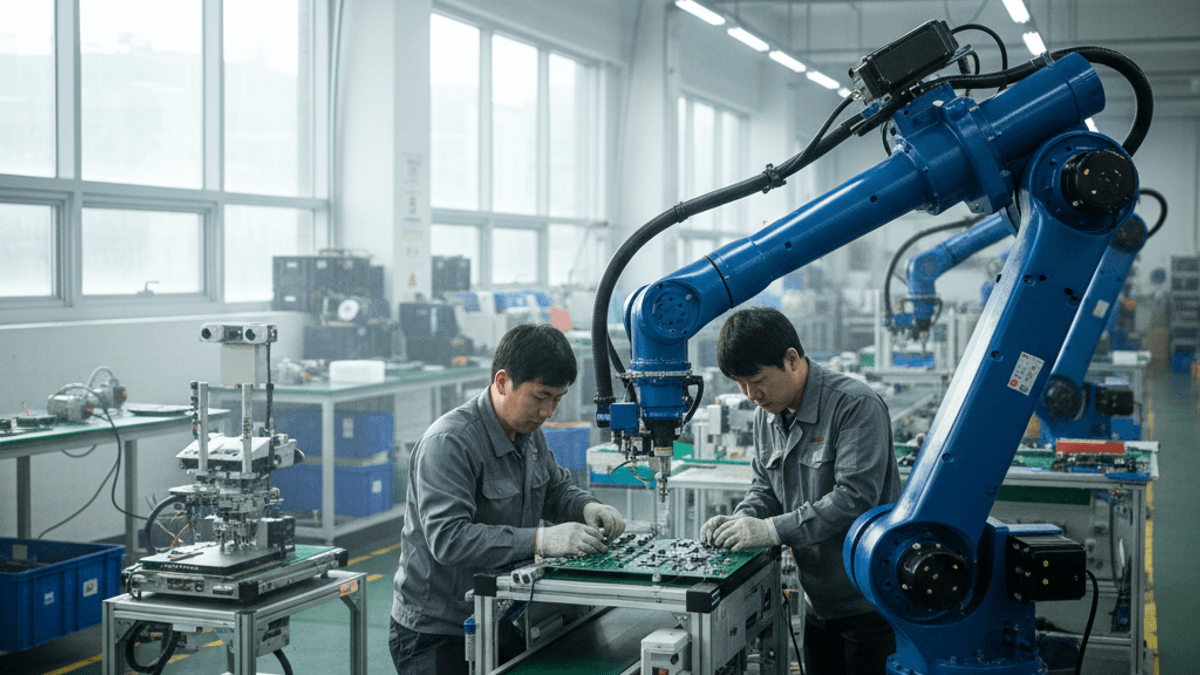 Two engineers in grey uniforms work on circuit boards next to blue robotic arms on an assembly line inside a bright factory.