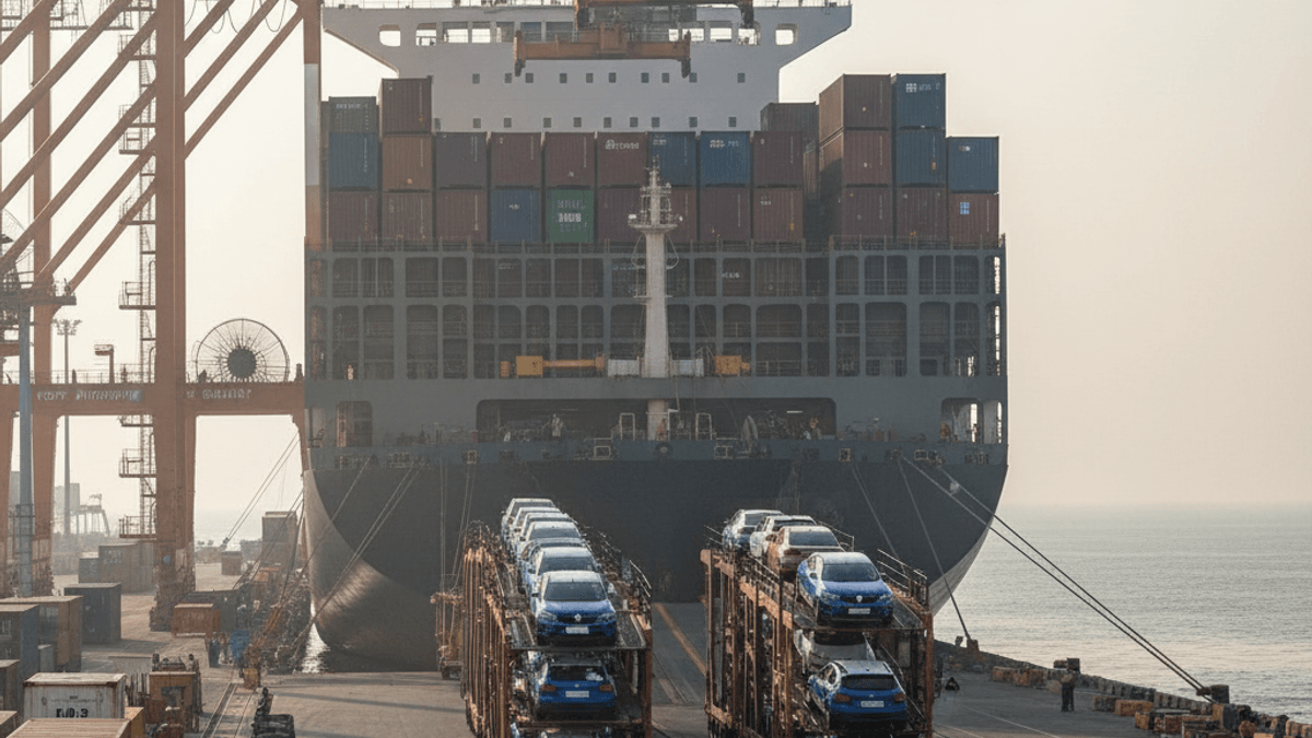 Wide shot of a cargo ship at a busy port, with two multi-level car carriers loaded with vehicles on the dock.