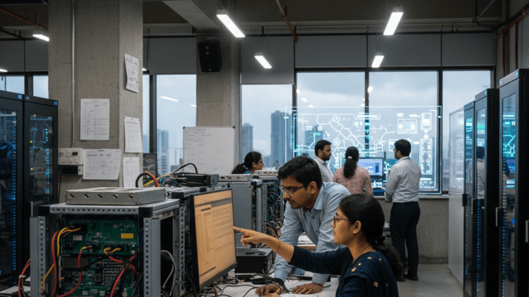 Two engineers collaborate at a cluttered desk with exposed server components in a busy, naturally lit tech lab.