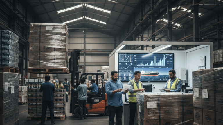 Workers in a bustling warehouse, surrounded by stacked pallets and tracking global shipping on a large screen.