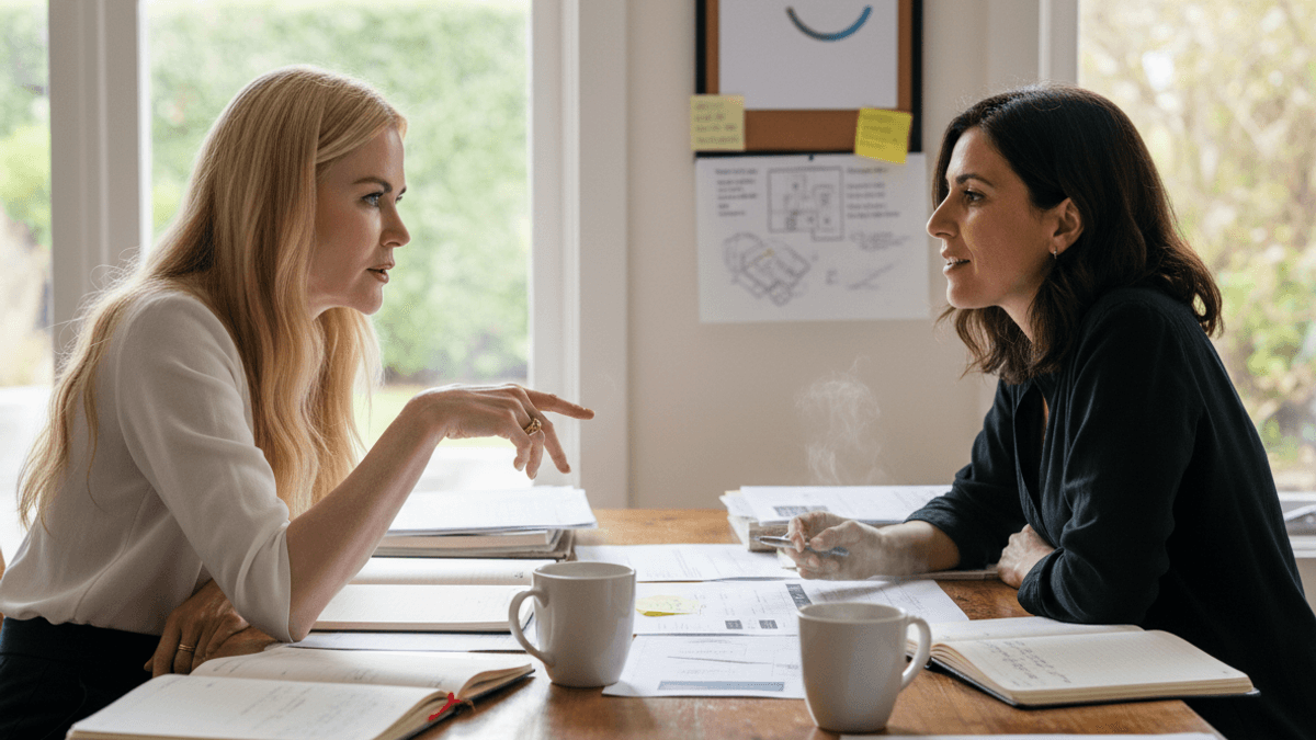 Nicole Kidman intently listens and speaks with a woman across a wooden table, surrounded by documents and coffee cups, under an "End Well" poster.