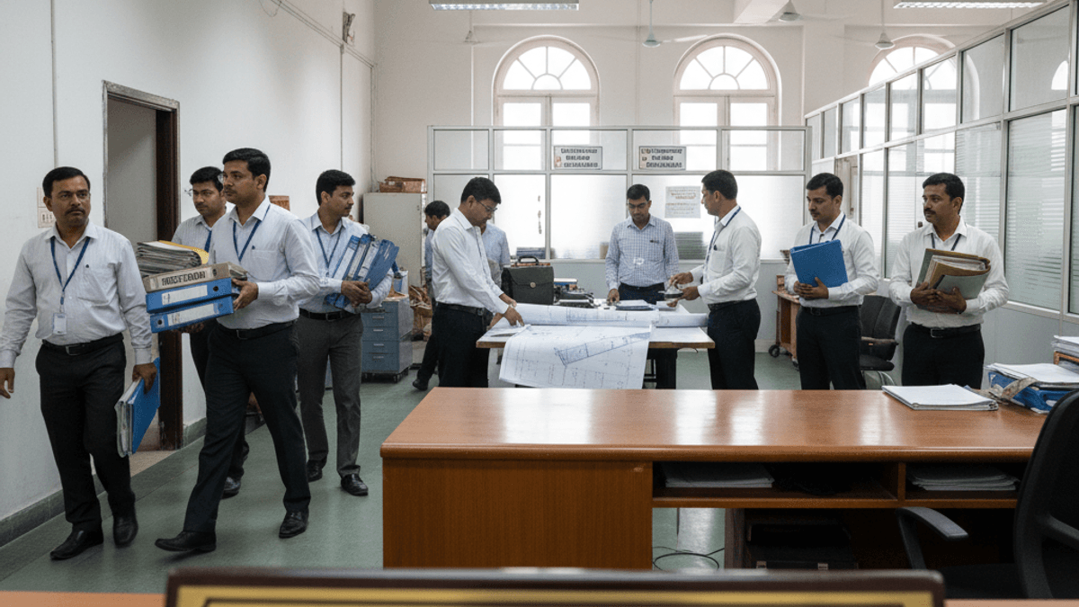 An authentic photograph of NFRA staff in a busy office, reorganizing documents and files.