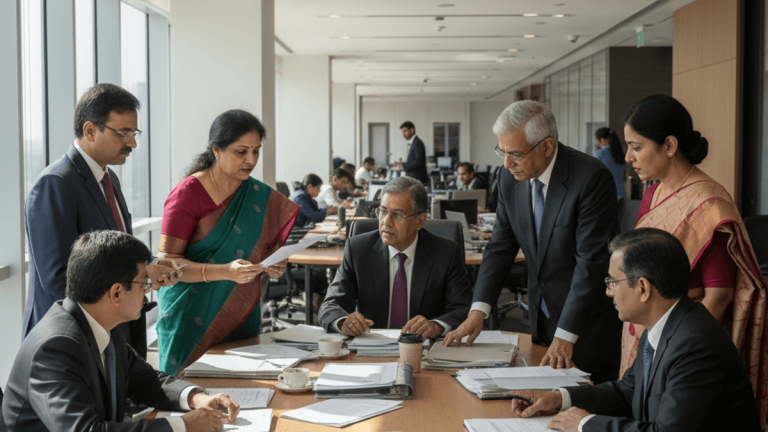 A group of Indian banking executives, men and women, in formal attire, actively engaged in a meeting in a sunlit office.