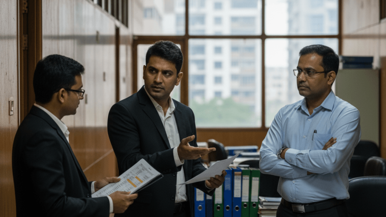 Three men in suits and a button-down shirt discuss papers in a busy, wood-paneled office with stacks of files.