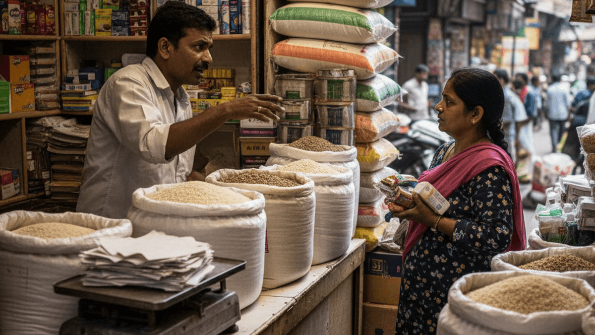 A candid shot inside a bustling Indian kirana store, showing a male shopkeeper interacting with a female customer.
