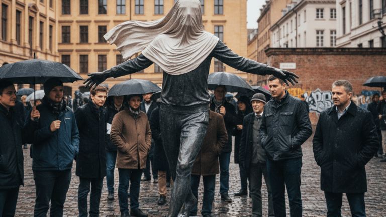 A bronze sculpture of a figure with its face obscured by draped fabric stands in a wet, cobblestone plaza, surrounded by onlookers holding umbrellas.