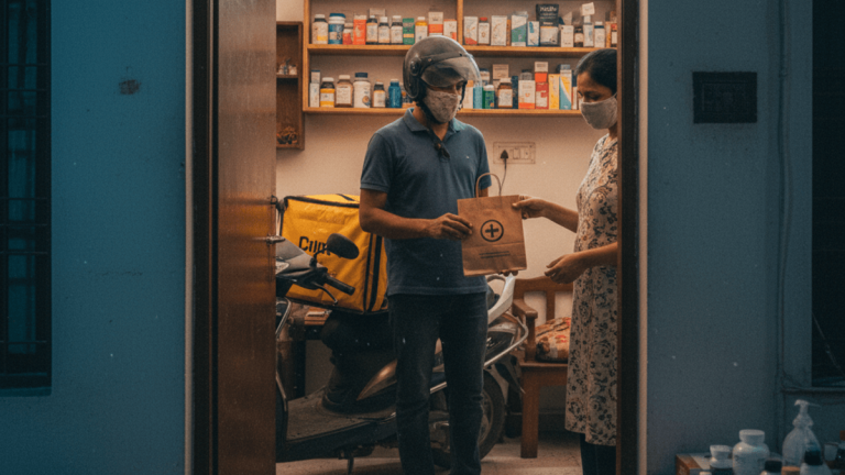 A delivery person wearing a helmet and mask hands a package to a woman at her doorstep in India, with shelves of medicines visible inside.