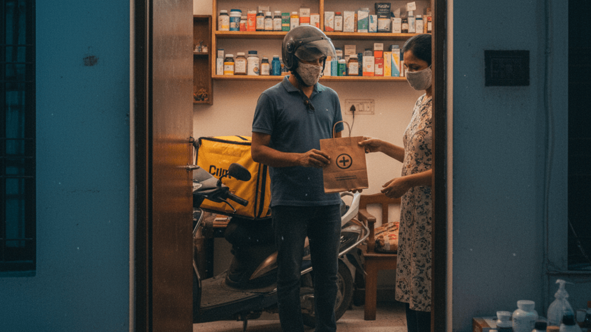 A delivery person wearing a helmet and mask hands a package to a woman at her doorstep in India, with shelves of medicines visible inside.
