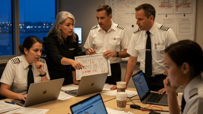 A group of five pilots, three men and two women, in uniform, intensely reviewing documents and laptops in an office at night.