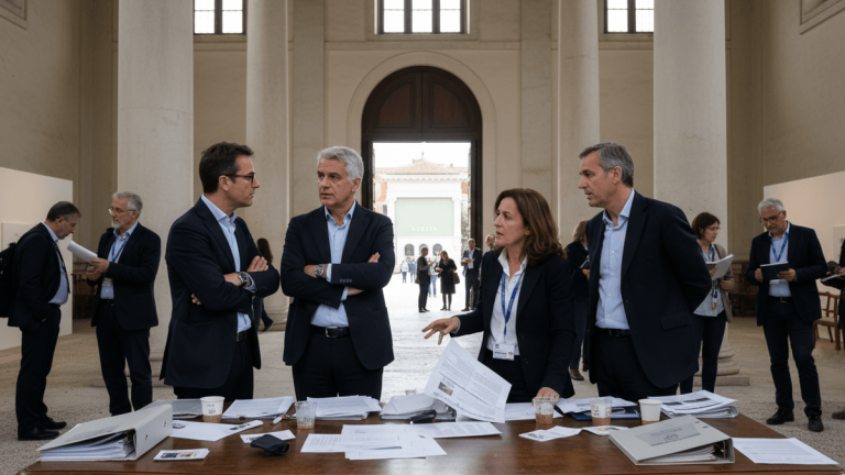 A group of serious-looking individuals, presumably jury members, engaged in an intense discussion around a table laden with documents in a grand hall.