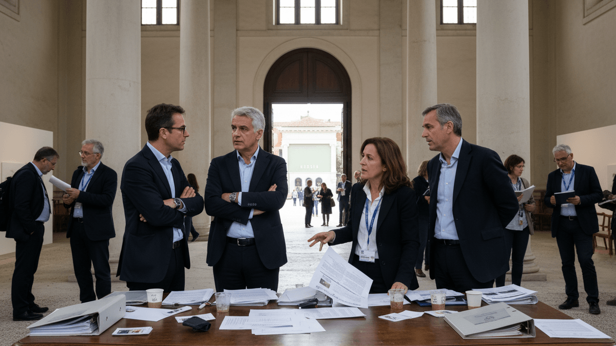 A group of serious-looking individuals, presumably jury members, engaged in an intense discussion around a table laden with documents in a grand hall.