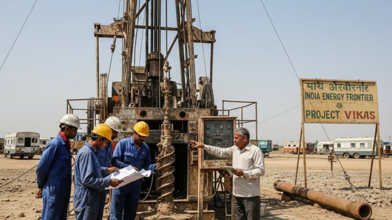 Five men, four in blue jumpsuits and hard hats, and one in a shirt, stand around a drilling rig in a dry, dusty field.