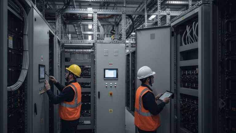 Two engineers in safety vests and hard hats work amidst complex electrical panels and server racks in a data center.