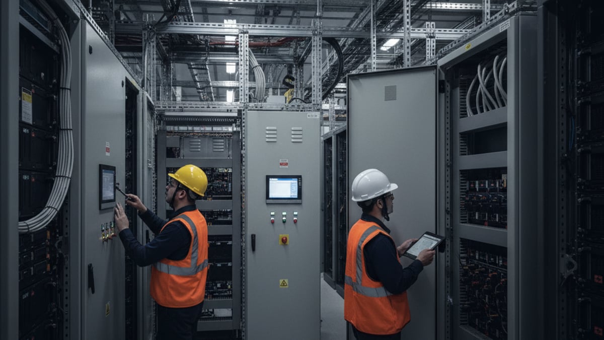 Two engineers in safety vests and hard hats work amidst complex electrical panels and server racks in a data center.