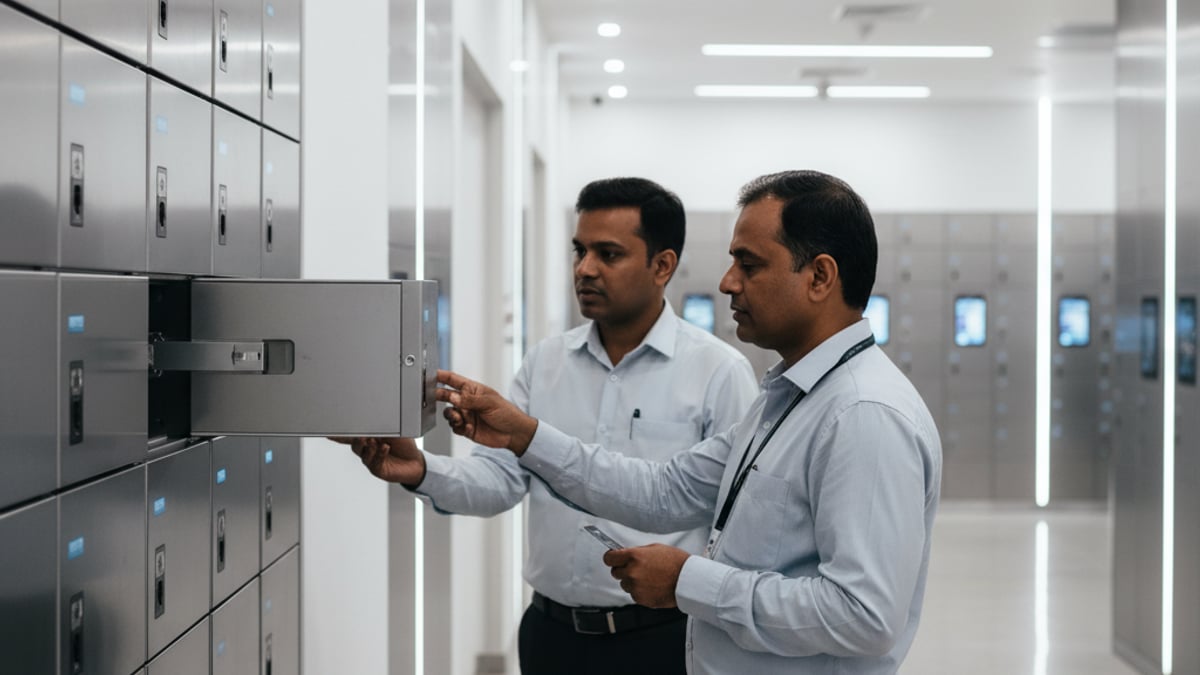 Two bank employees, dressed in collared shirts, stand in front of a wall of metal digital lockers. One points to an open locker.