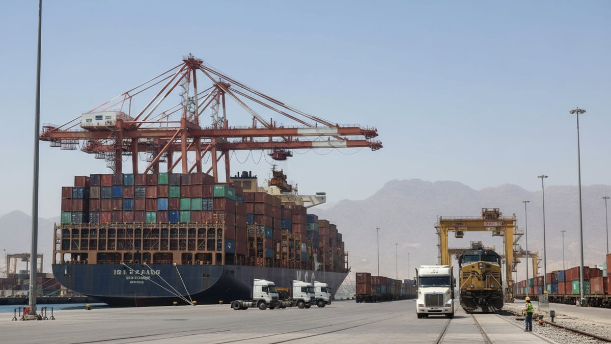 A large container ship at port with stacked containers, next to rail tracks and trucks, under a clear sky.