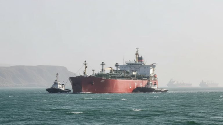 A large red LPG carrier is escorted by two smaller tugboats across choppy green-blue water under a hazy sky.