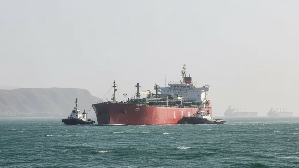A large red LPG carrier is escorted by two smaller tugboats across choppy green-blue water under a hazy sky.