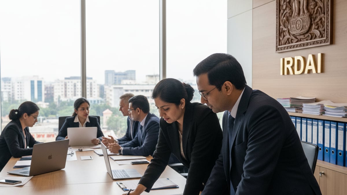 A diverse group of business professionals in suits reviewing documents at a large conference table in a modern office.