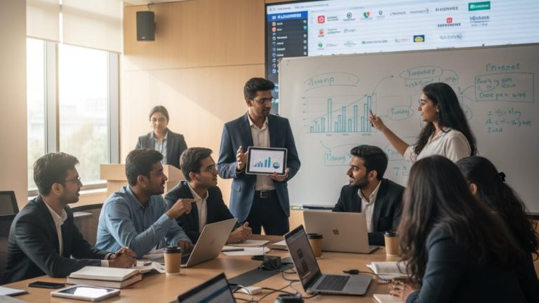 A group of Indian business school students in formal attire collaborating around a large conference table.