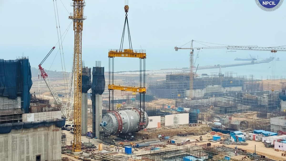 A large, cylindrical piece of industrial equipment is suspended by cranes over a vast construction site near the sea.