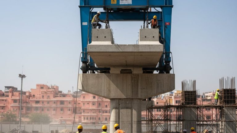Construction workers in hard hats and vests watch a large blue crane lift a concrete segment onto a metro pillar.