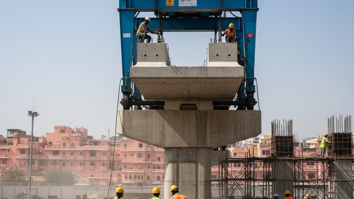 Construction workers in hard hats and vests watch a large blue crane lift a concrete segment onto a metro pillar.