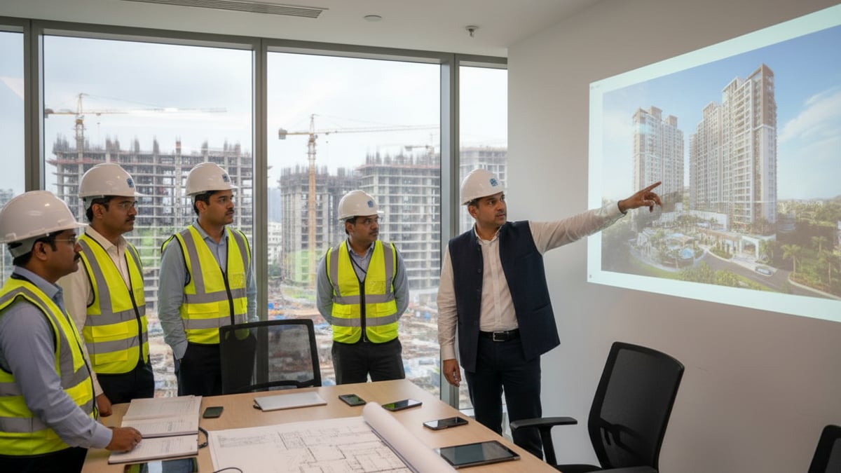 Abhishek Lodha, in a waistcoat, points at a projected image of a building complex, addressing a team in hard hats and vests.