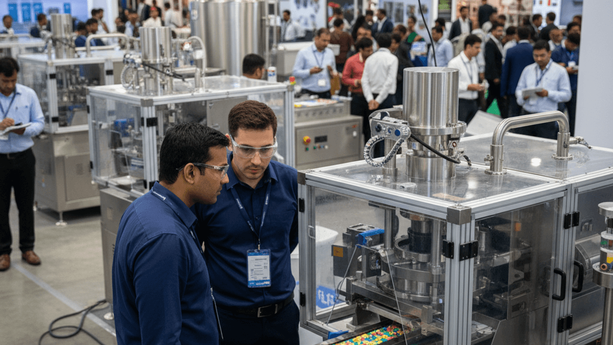 Two men in safety glasses and professional attire observe a complex pharmaceutical capsule-filling machine in action at an industry expo.