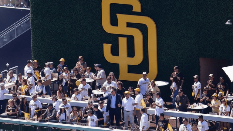 A man in a blue jacket gestures towards the crowd at Petco Park, with the large Padres logo in the background.