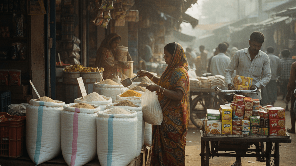 A woman in a colorful sari weighs grains for a customer at a bustling rural Indian market stall.