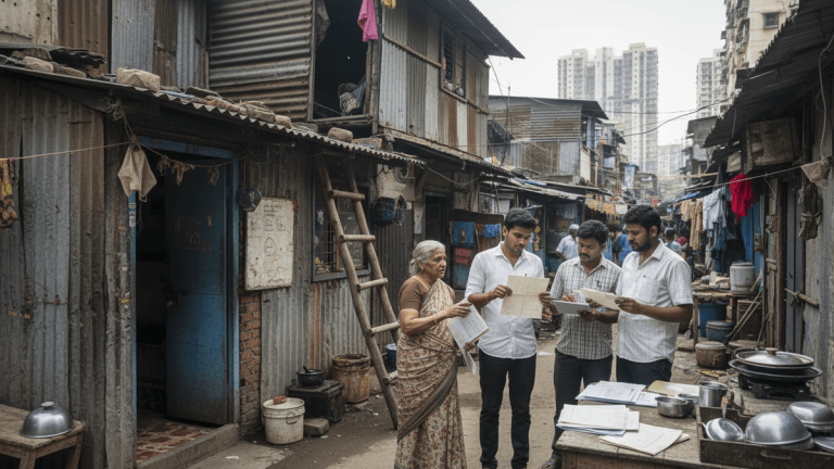 An elderly woman and three men review documents in a narrow alley amidst corrugated metal homes in Dharavi, Mumbai.