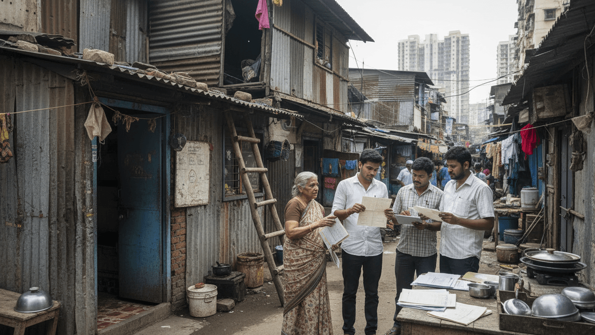 An elderly woman and three men review documents in a narrow alley amidst corrugated metal homes in Dharavi, Mumbai.