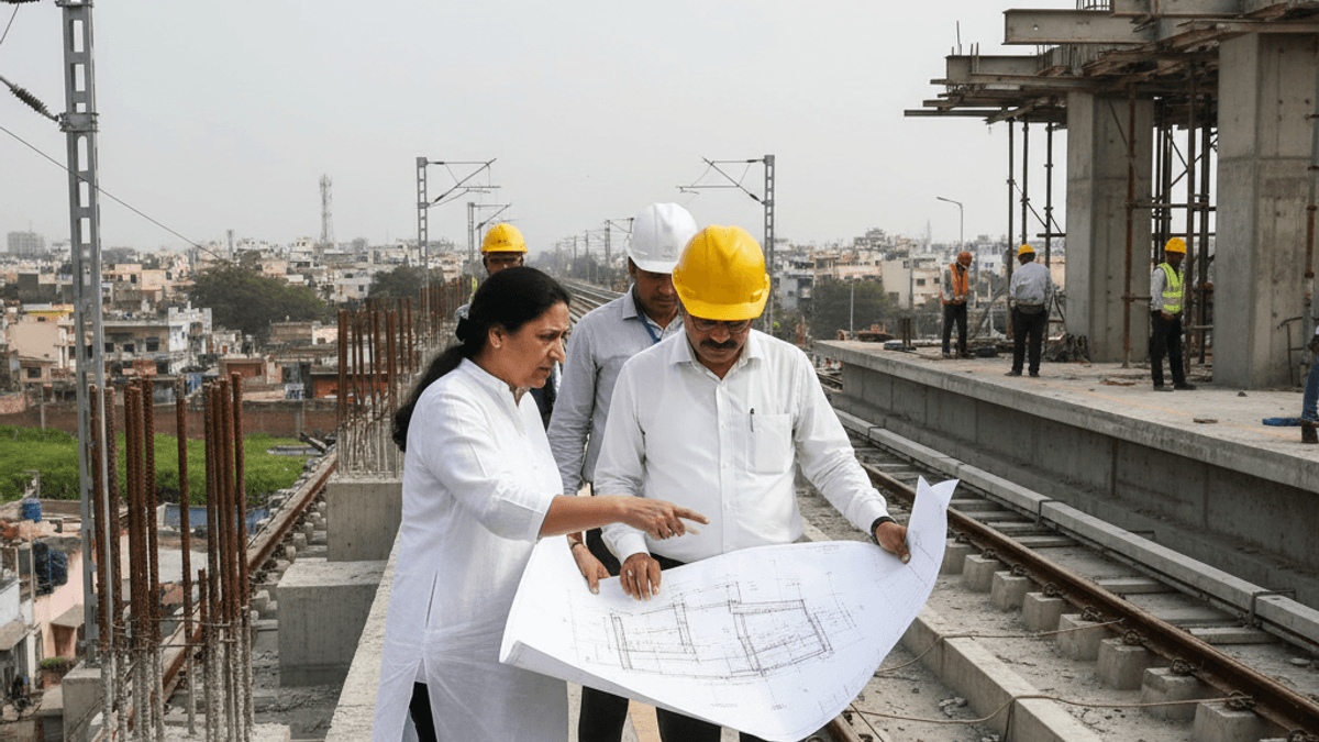 Rekha Gupta, in white, points at blueprints with an engineer on a metro construction site, with tracks and city in background.
