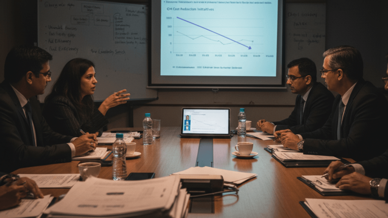 A group of serious executives in suits sit around a large conference table, with a projection screen displaying financial data.