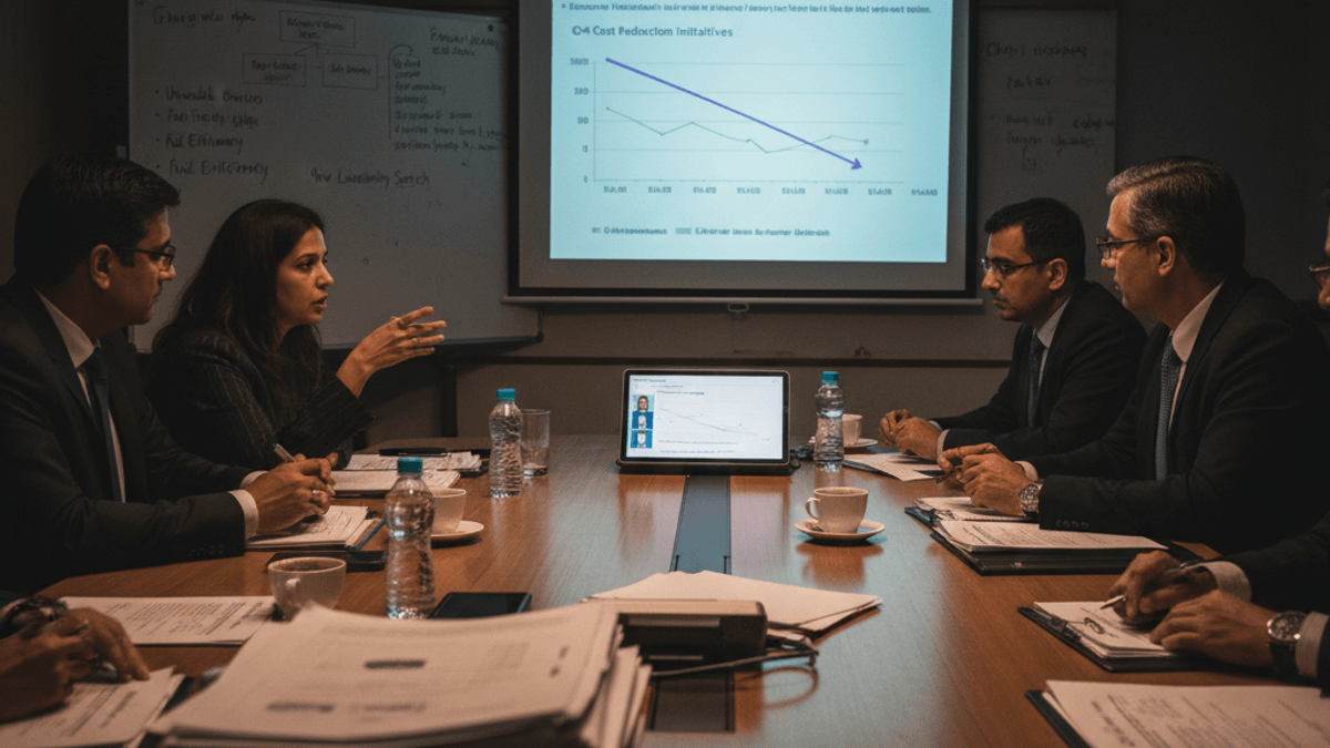 A group of serious executives in suits sit around a large conference table, with a projection screen displaying financial data.