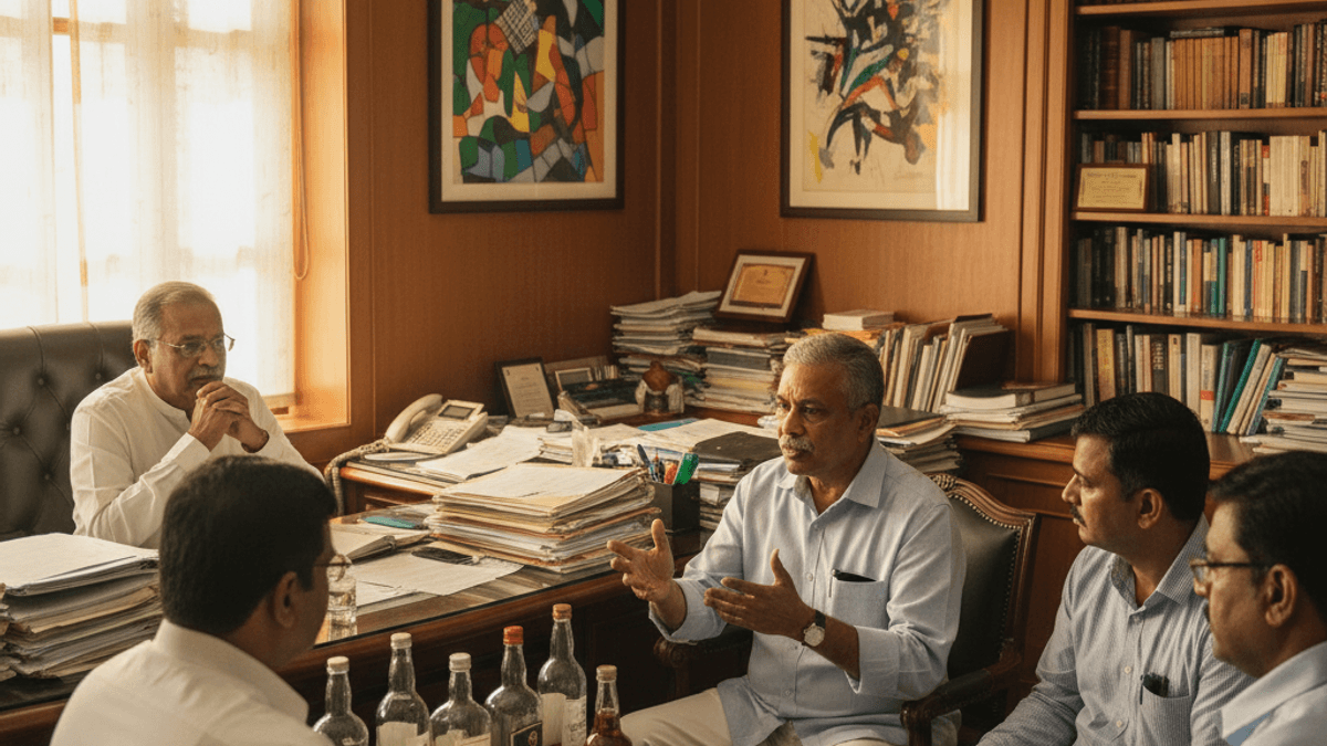 A group of men in a wood-paneled office, some with bottles on the table, discussing policy with a seated official.