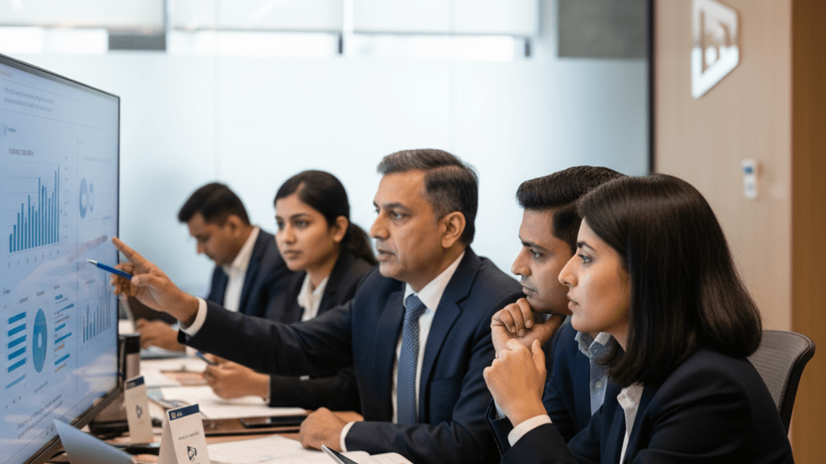 A group of Indian bankers in suits intently reviewing financial charts and data on large screens in a meeting room.